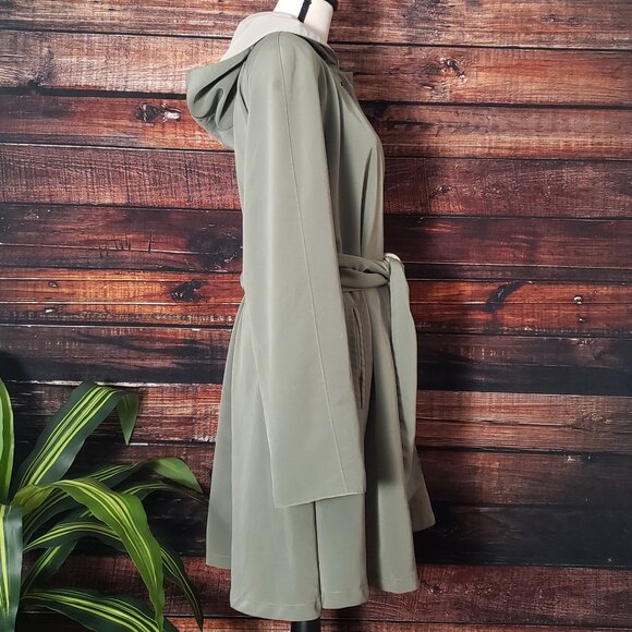 American Bazaar Vintage Coat Jacket L Long Hooded Belted Olive Green Pockets - Picture 4 of 13
